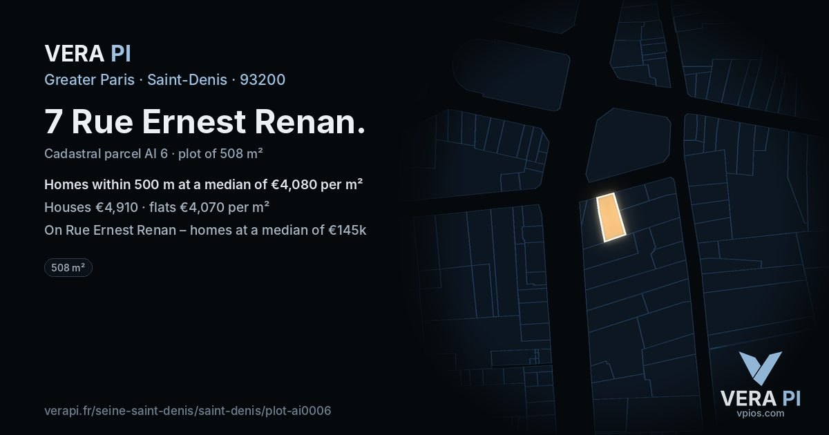 7 Rue Ernest Renan, Saint-Denis at night – the plot lit, the parcels around coloured by the prices near them