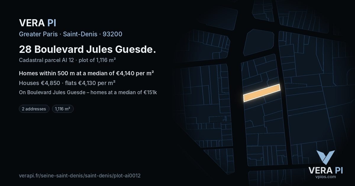 28 Boulevard Jules Guesde, Saint-Denis at night – the plot lit, the parcels around coloured by the prices near them