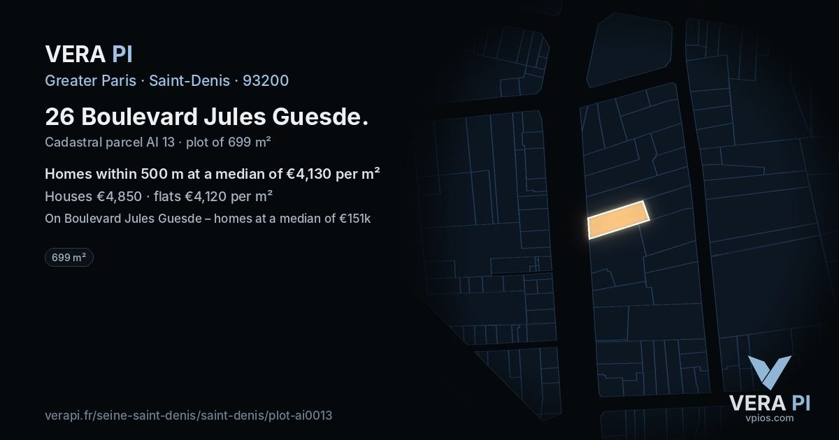 26 Boulevard Jules Guesde, Saint-Denis at night – the plot lit, the parcels around coloured by the prices near them