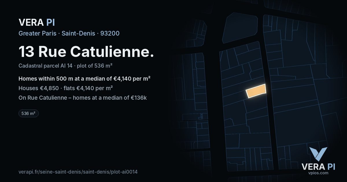 13 Rue Catulienne, Saint-Denis at night – the plot lit, the parcels around coloured by the prices near them