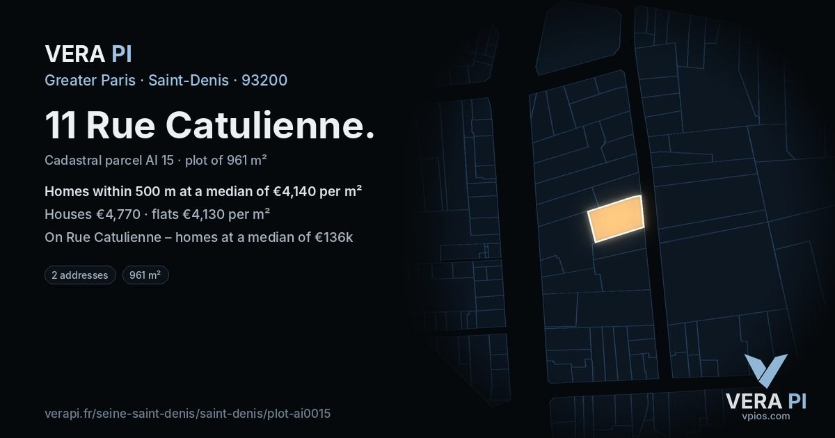 11 Rue Catulienne, Saint-Denis at night – the plot lit, the parcels around coloured by the prices near them
