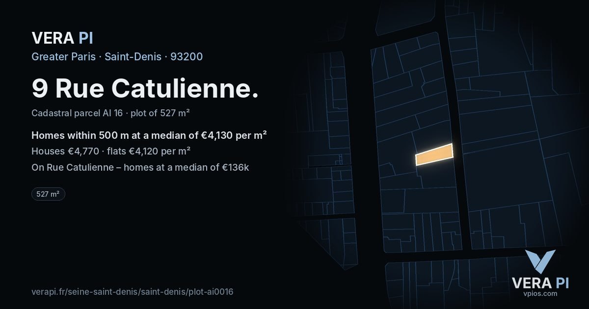 9 Rue Catulienne, Saint-Denis at night – the plot lit, the parcels around coloured by the prices near them