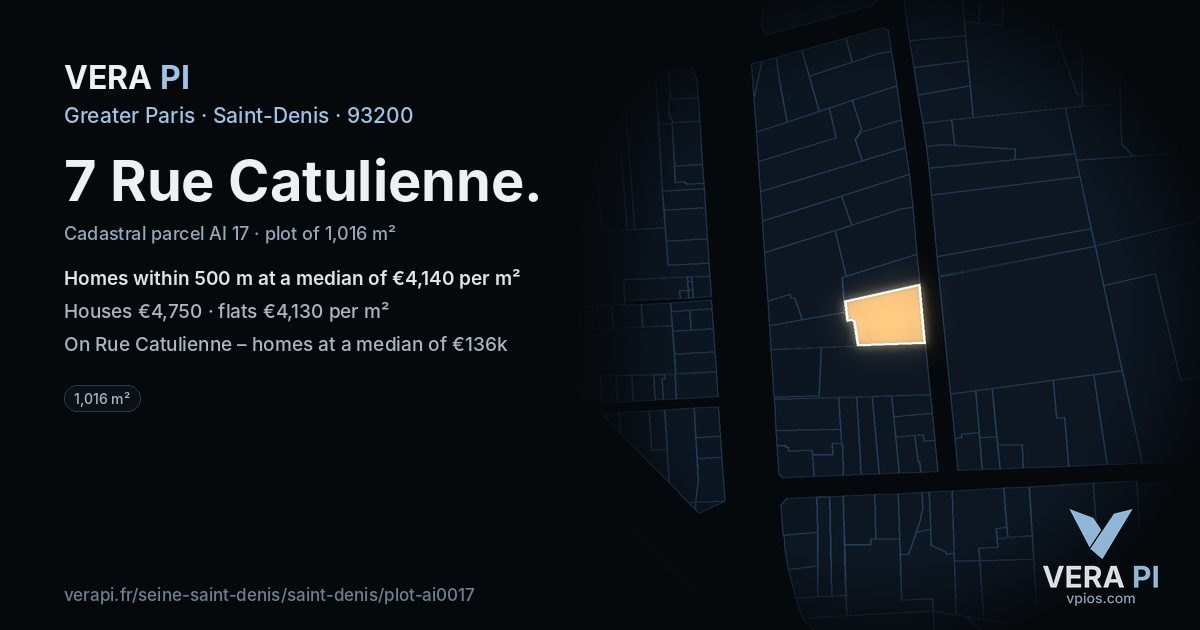 7 Rue Catulienne, Saint-Denis at night – the plot lit, the parcels around coloured by the prices near them