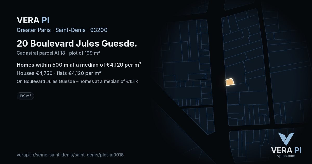 20 Boulevard Jules Guesde, Saint-Denis at night – the plot lit, the parcels around coloured by the prices near them
