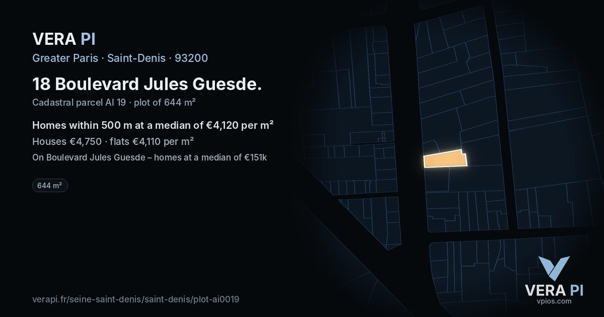 18 Boulevard Jules Guesde, Saint-Denis at night – the plot lit, the parcels around coloured by the prices near them