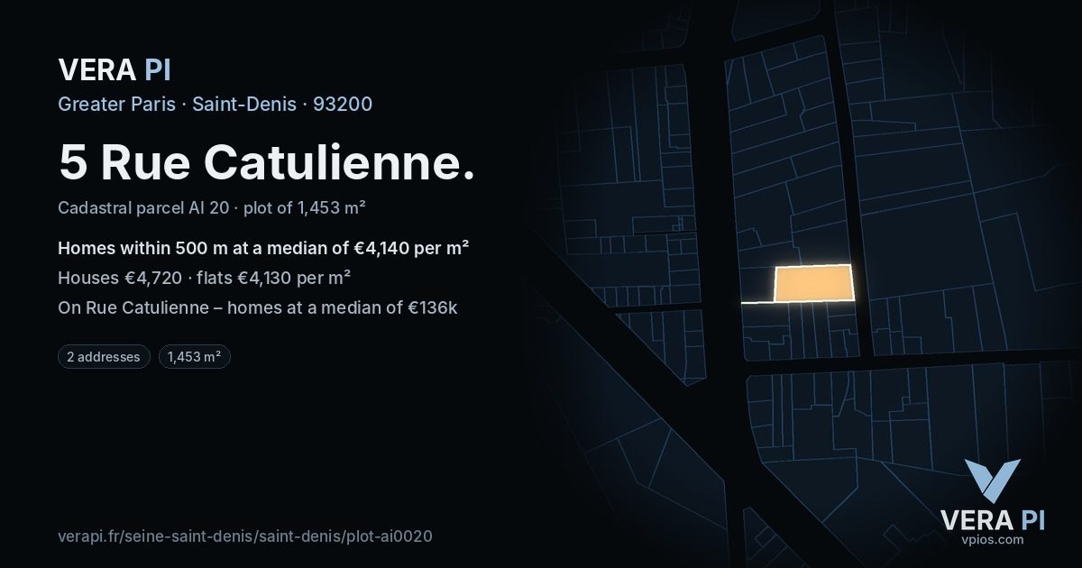 5 Rue Catulienne, Saint-Denis at night – the plot lit, the parcels around coloured by the prices near them