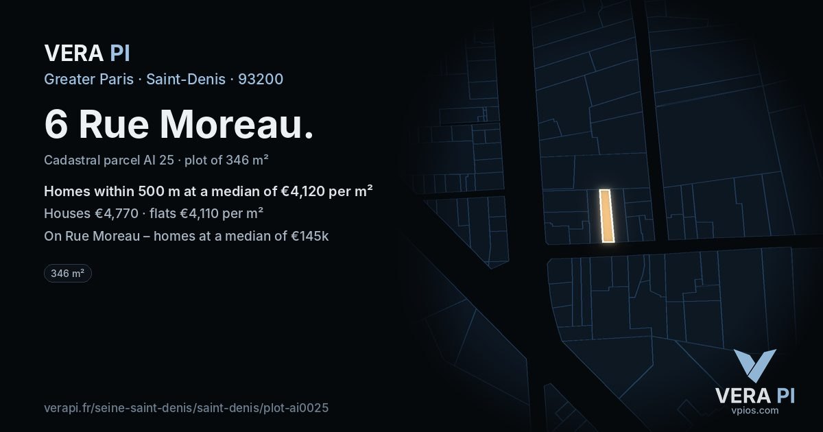 6 Rue Moreau, Saint-Denis at night – the plot lit, the parcels around coloured by the prices near them