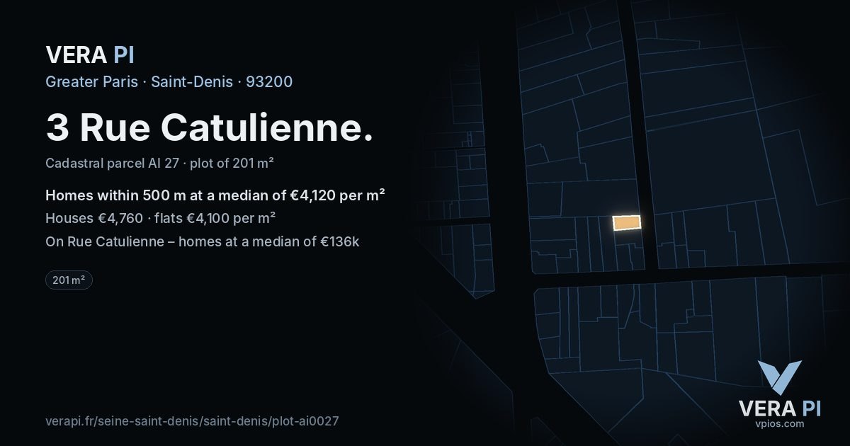 3 Rue Catulienne, Saint-Denis at night – the plot lit, the parcels around coloured by the prices near them