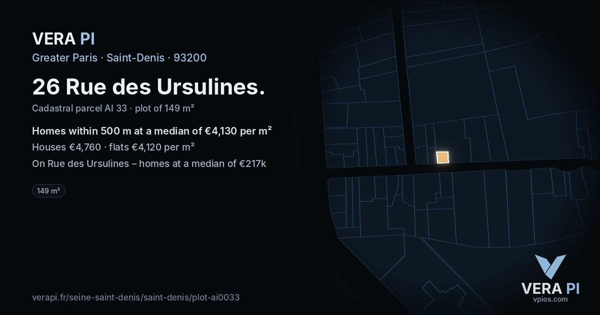 26 Rue des Ursulines, Saint-Denis at night – the plot lit, the parcels around coloured by the prices near them