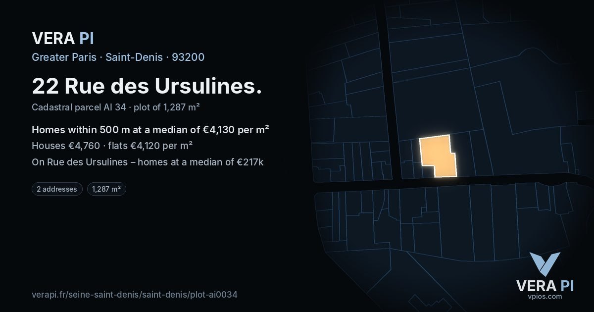 22 Rue des Ursulines, Saint-Denis at night – the plot lit, the parcels around coloured by the prices near them