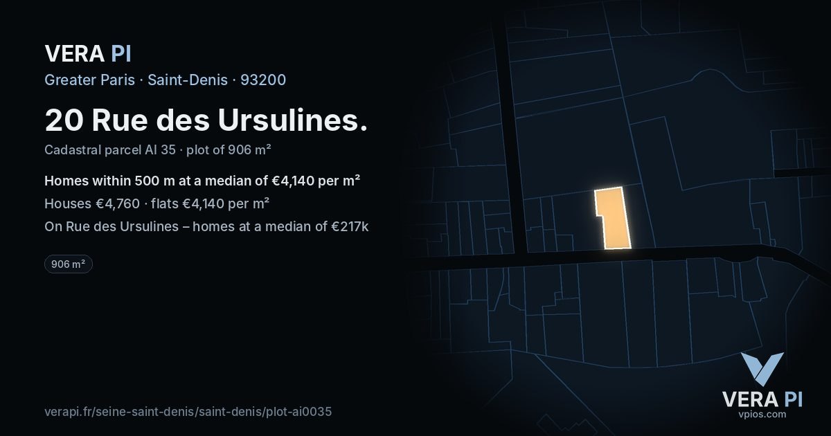 20 Rue des Ursulines, Saint-Denis at night – the plot lit, the parcels around coloured by the prices near them