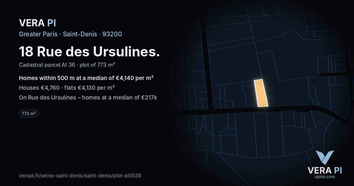 18 Rue des Ursulines, Saint-Denis at night – the plot lit, the parcels around coloured by the prices near them