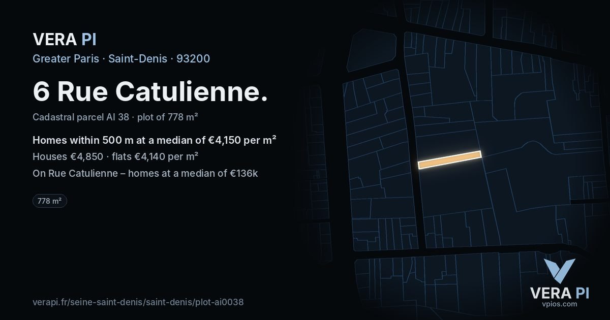 6 Rue Catulienne, Saint-Denis at night – the plot lit, the parcels around coloured by the prices near them