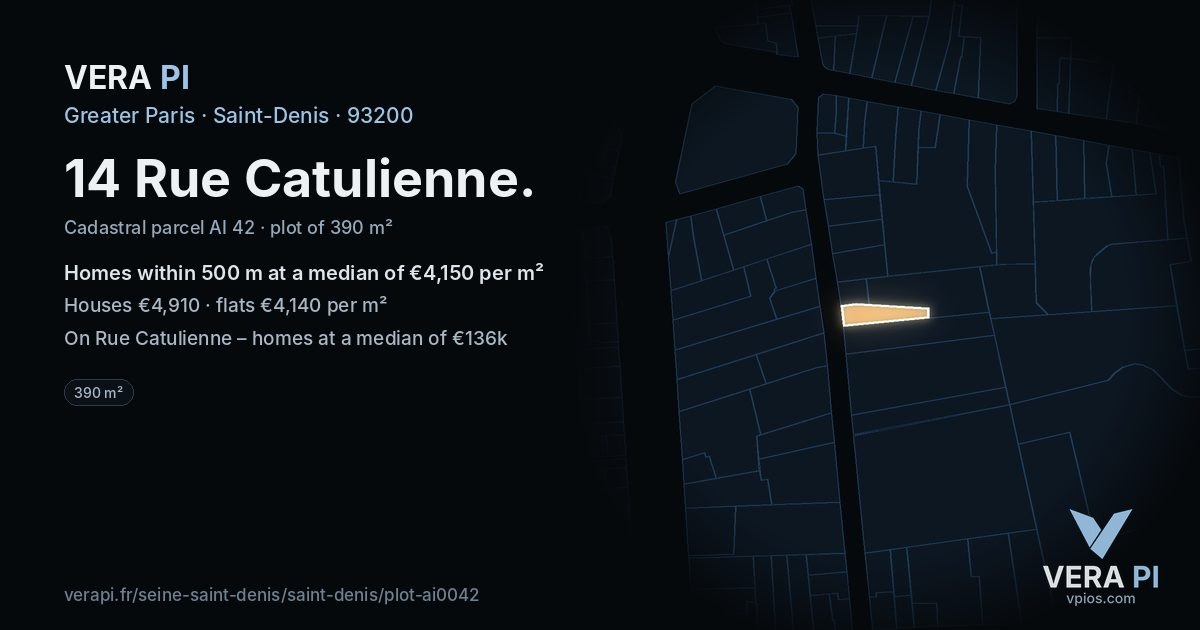 14 Rue Catulienne, Saint-Denis at night – the plot lit, the parcels around coloured by the prices near them