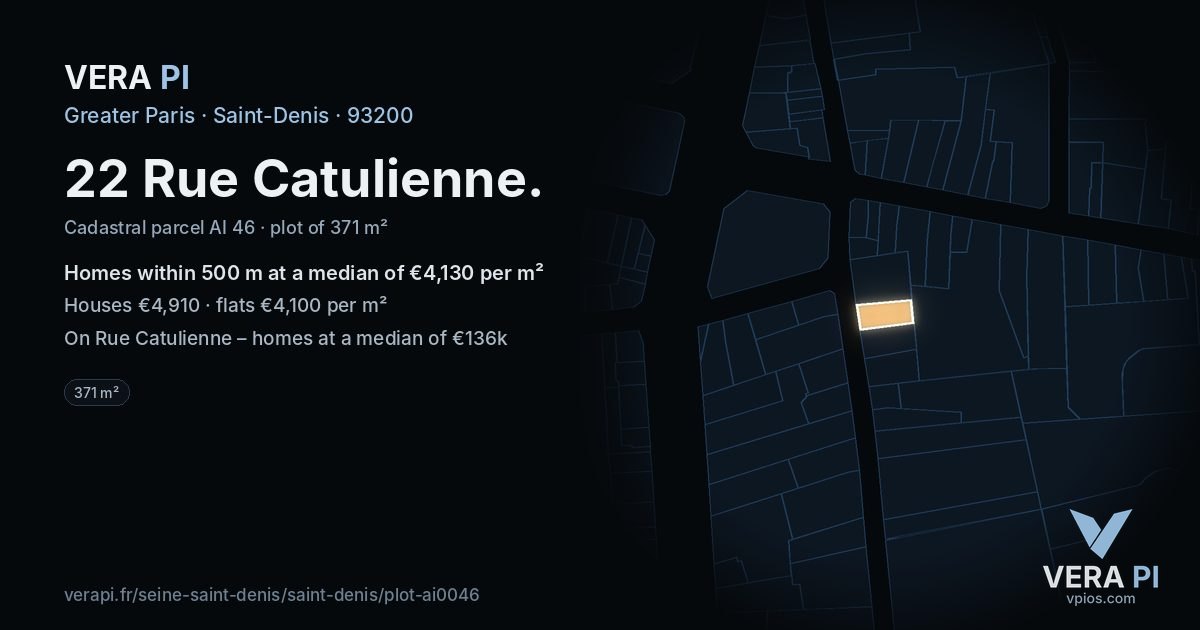 22 Rue Catulienne, Saint-Denis at night – the plot lit, the parcels around coloured by the prices near them