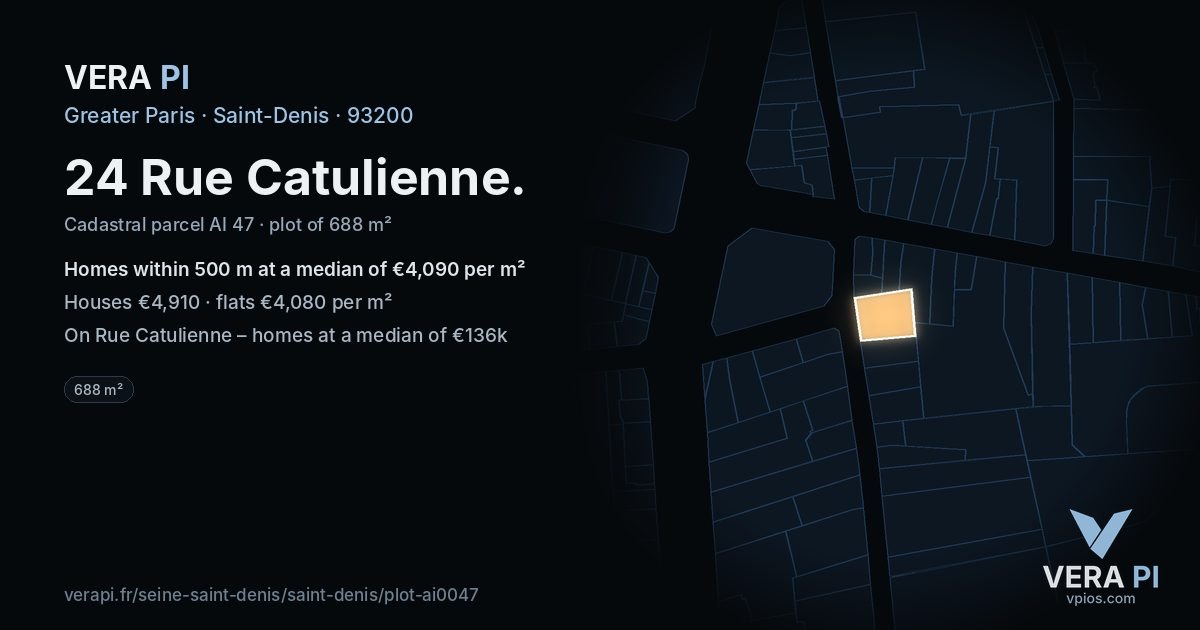 24 Rue Catulienne, Saint-Denis at night – the plot lit, the parcels around coloured by the prices near them