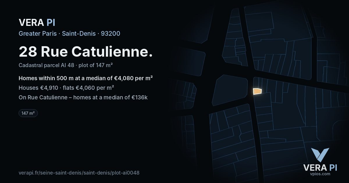 28 Rue Catulienne, Saint-Denis at night – the plot lit, the parcels around coloured by the prices near them