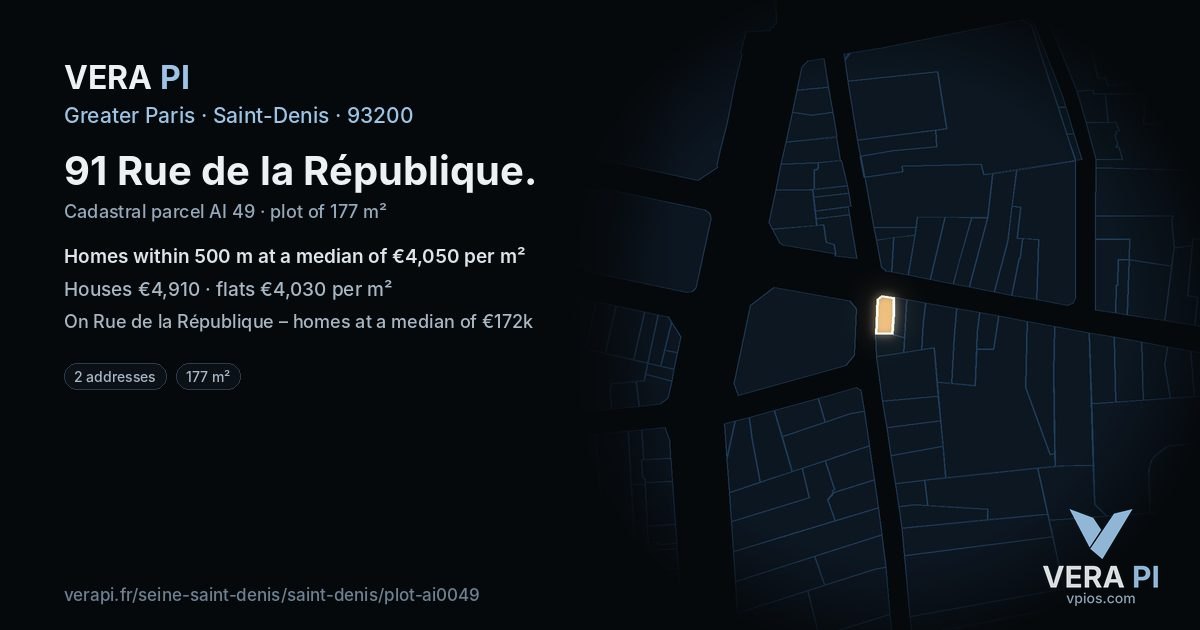 91 Rue de la République, Saint-Denis at night – the plot lit, the parcels around coloured by the prices near them