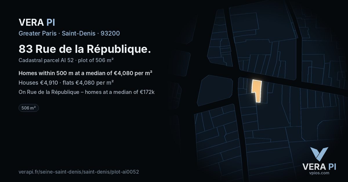 83 Rue de la République, Saint-Denis at night – the plot lit, the parcels around coloured by the prices near them