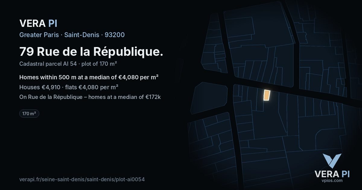 79 Rue de la République, Saint-Denis at night – the plot lit, the parcels around coloured by the prices near them