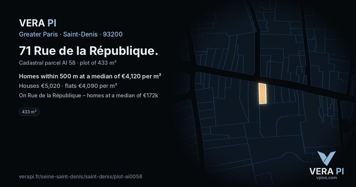 71 Rue de la République, Saint-Denis at night – the plot lit, the parcels around coloured by the prices near them