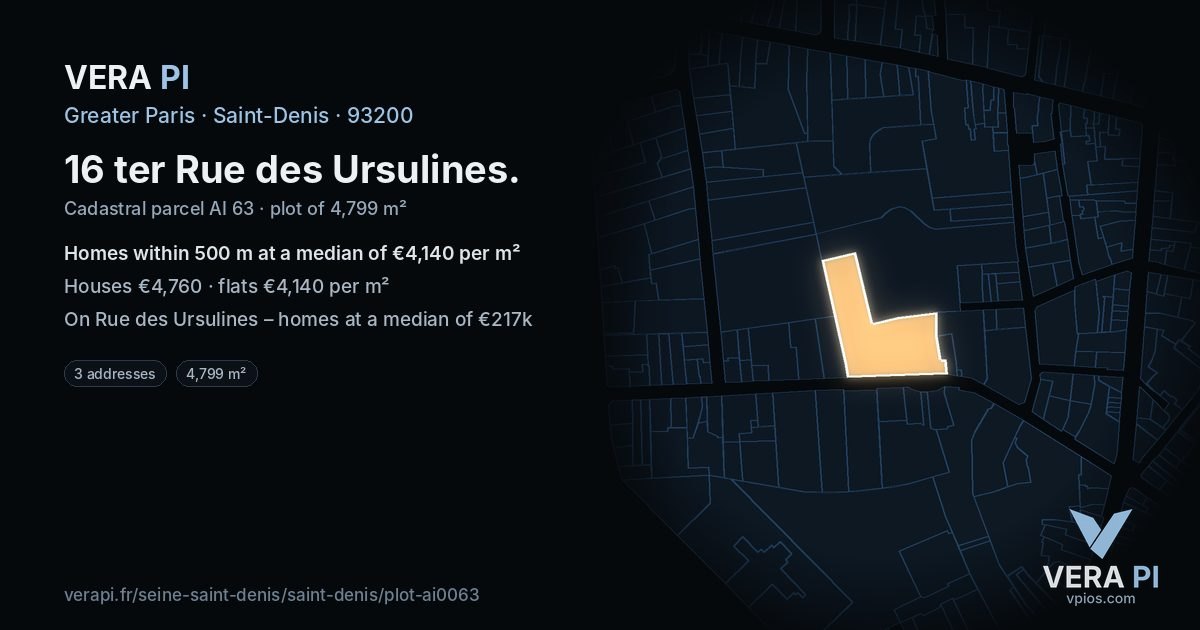 16 ter Rue des Ursulines, Saint-Denis at night – the plot lit, the parcels around coloured by the prices near them