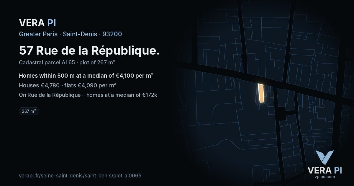 57 Rue de la République, Saint-Denis at night – the plot lit, the parcels around coloured by the prices near them