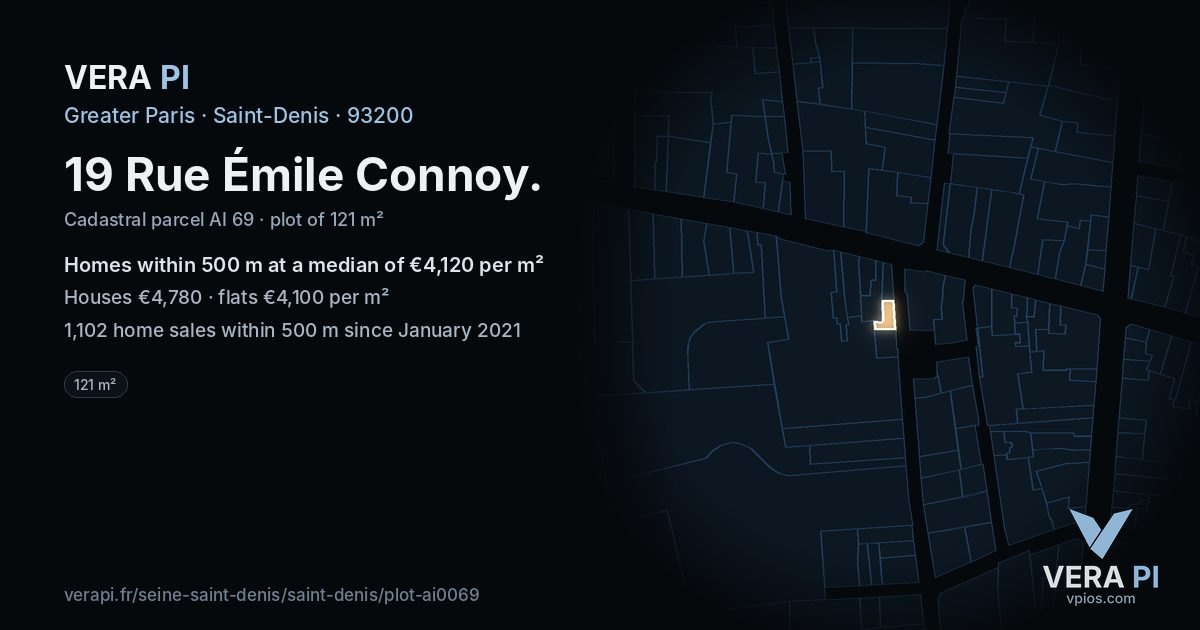 19 Rue Émile Connoy, Saint-Denis at night – the plot lit, the parcels around coloured by the prices near them