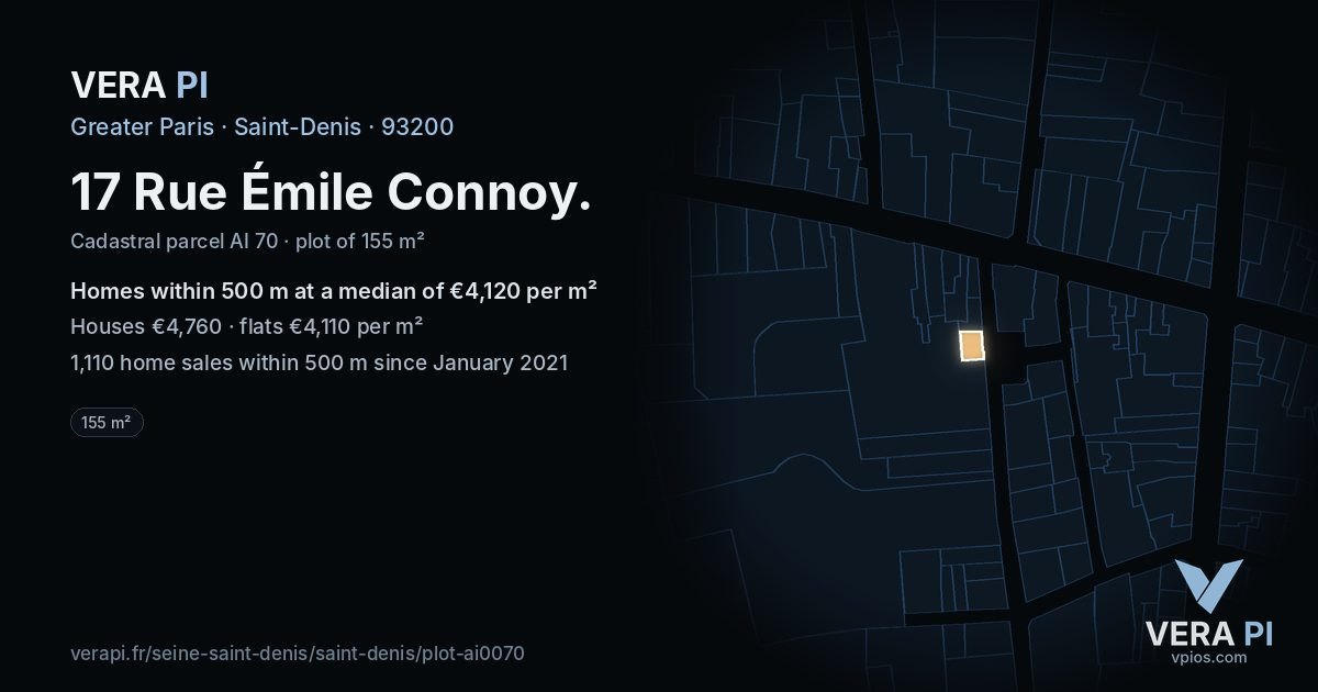 17 Rue Émile Connoy, Saint-Denis at night – the plot lit, the parcels around coloured by the prices near them