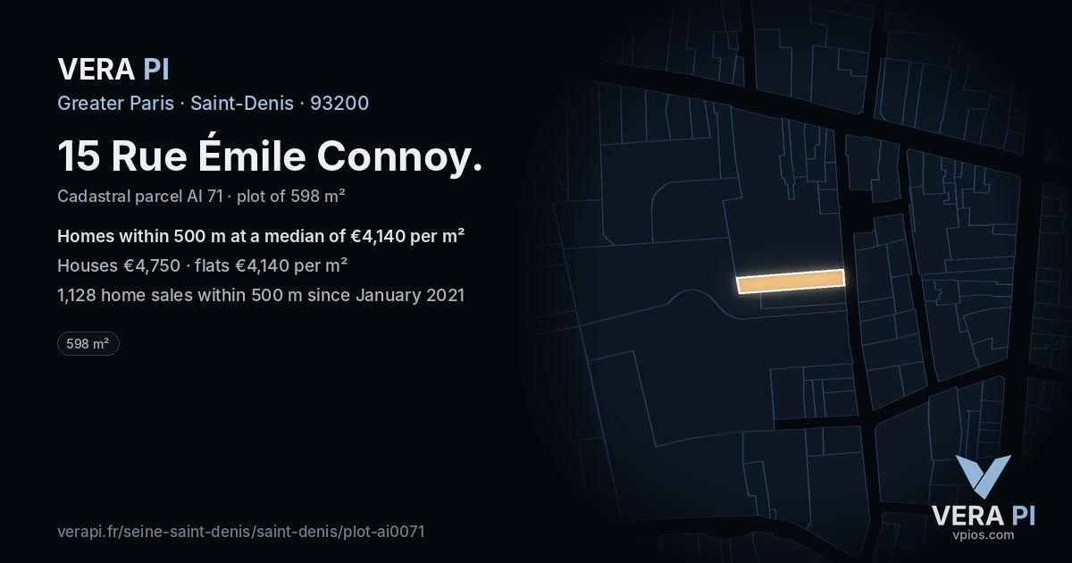 15 Rue Émile Connoy, Saint-Denis at night – the plot lit, the parcels around coloured by the prices near them