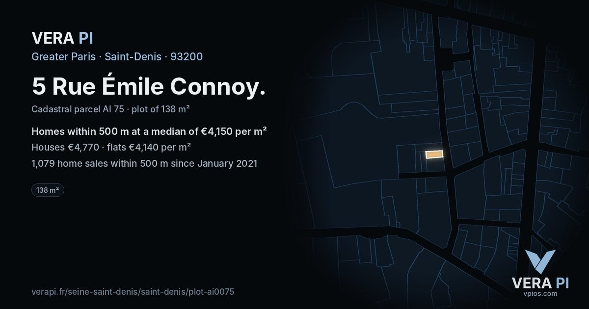 5 Rue Émile Connoy, Saint-Denis at night – the plot lit, the parcels around coloured by the prices near them