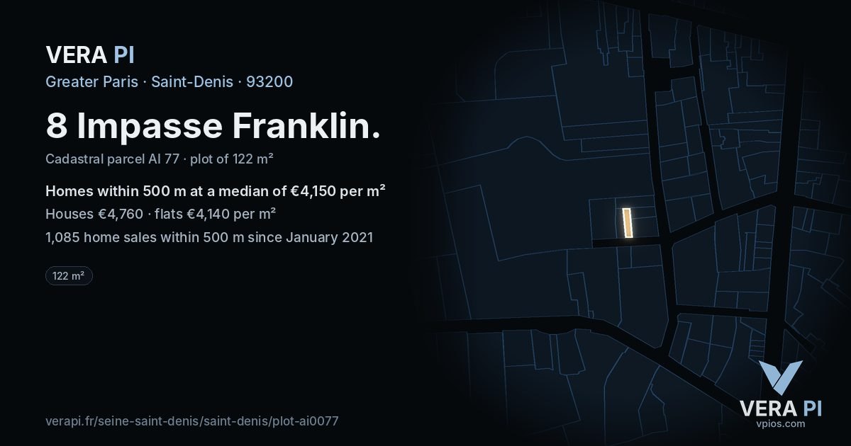 8 Impasse Franklin, Saint-Denis at night – the plot lit, the parcels around coloured by the prices near them