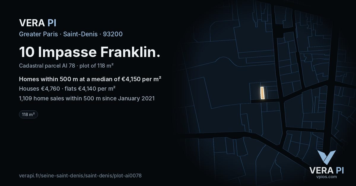 10 Impasse Franklin, Saint-Denis at night – the plot lit, the parcels around coloured by the prices near them