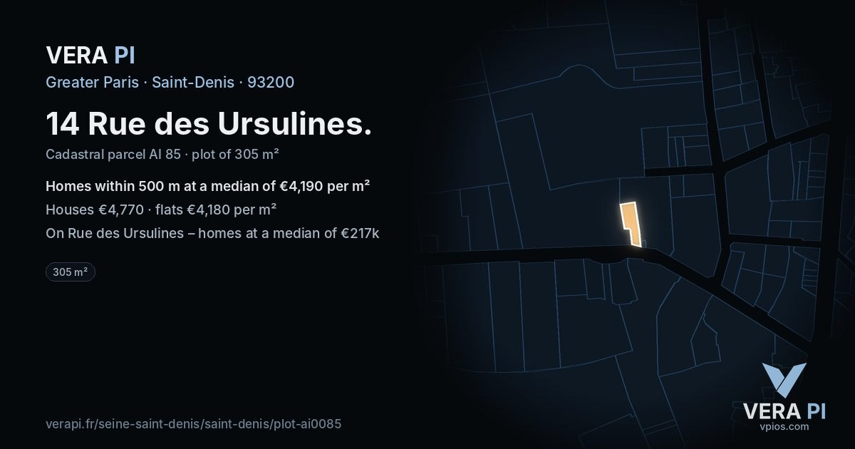 14 Rue des Ursulines, Saint-Denis at night – the plot lit, the parcels around coloured by the prices near them