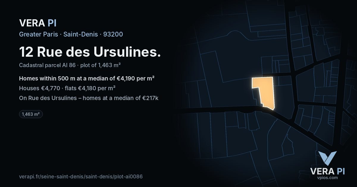 12 Rue des Ursulines, Saint-Denis at night – the plot lit, the parcels around coloured by the prices near them