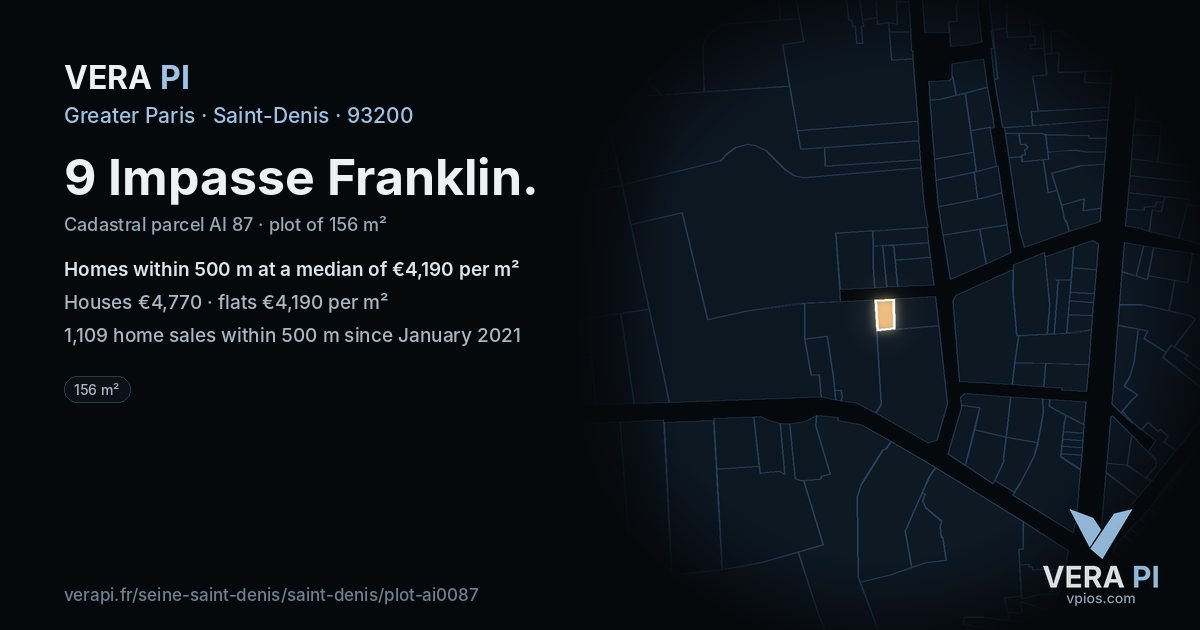 9 Impasse Franklin, Saint-Denis at night – the plot lit, the parcels around coloured by the prices near them