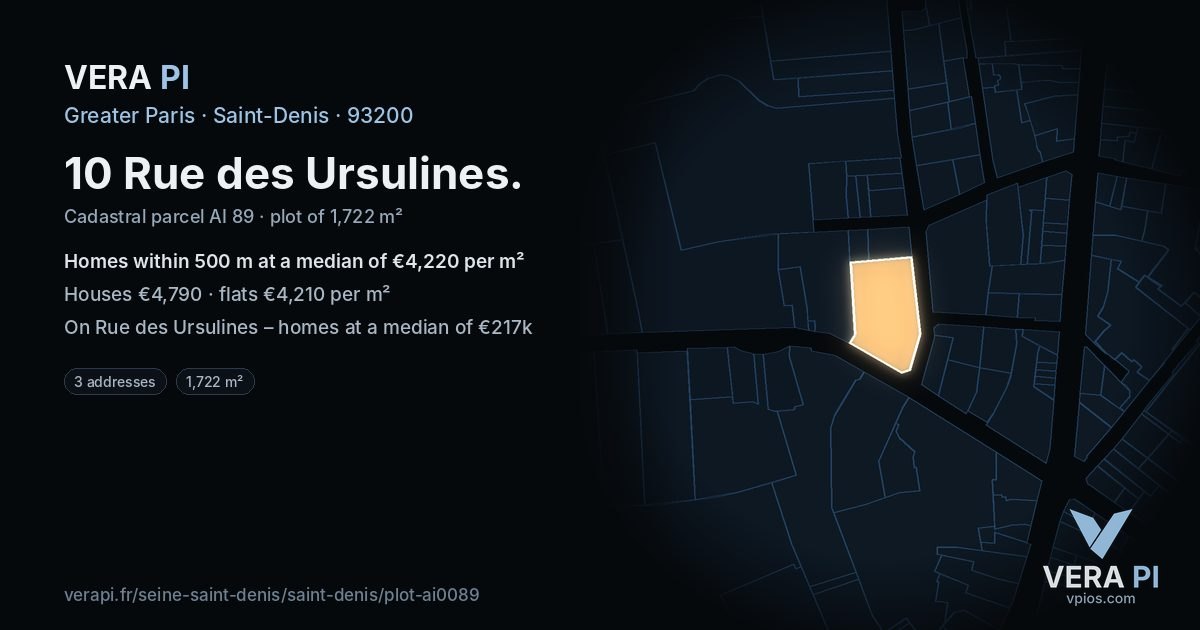 10 Rue des Ursulines, Saint-Denis at night – the plot lit, the parcels around coloured by the prices near them