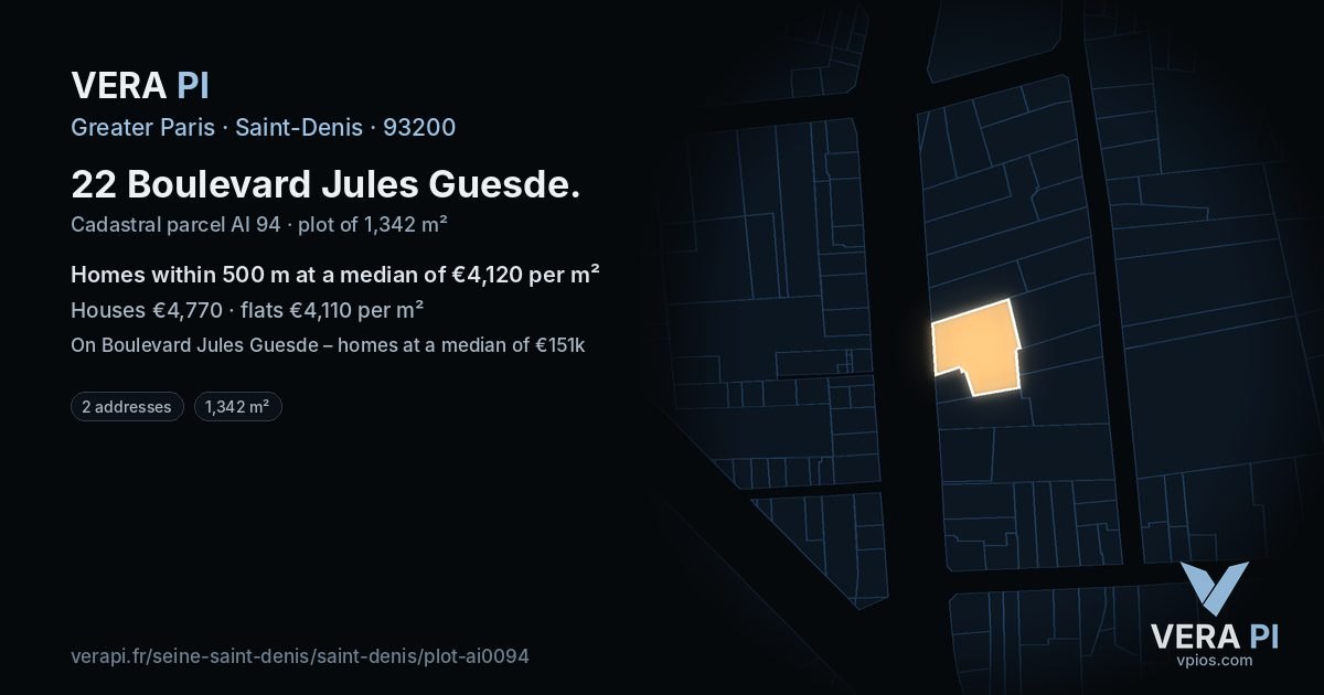 22 Boulevard Jules Guesde, Saint-Denis at night – the plot lit, the parcels around coloured by the prices near them