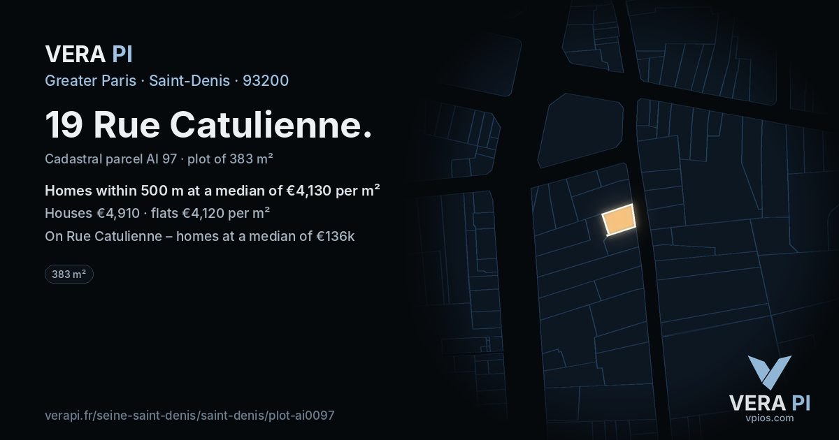 19 Rue Catulienne, Saint-Denis at night – the plot lit, the parcels around coloured by the prices near them
