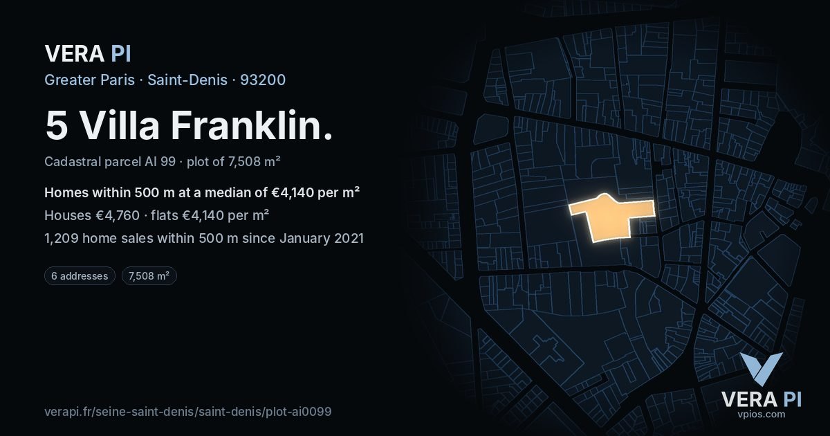 5 Villa Franklin, Saint-Denis at night – the plot lit, the parcels around coloured by the prices near them