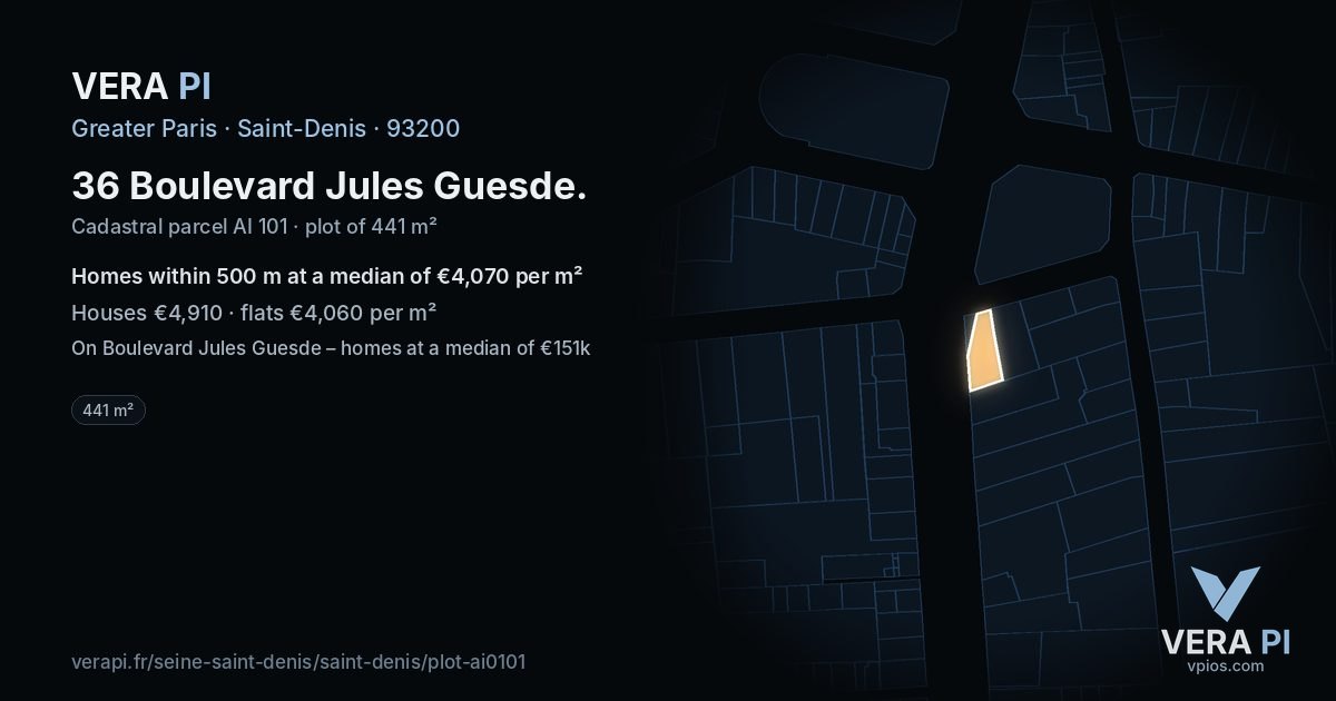 36 Boulevard Jules Guesde, Saint-Denis at night – the plot lit, the parcels around coloured by the prices near them