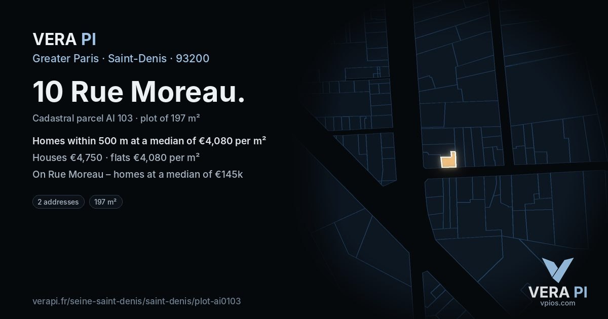 10 Rue Moreau, Saint-Denis at night – the plot lit, the parcels around coloured by the prices near them