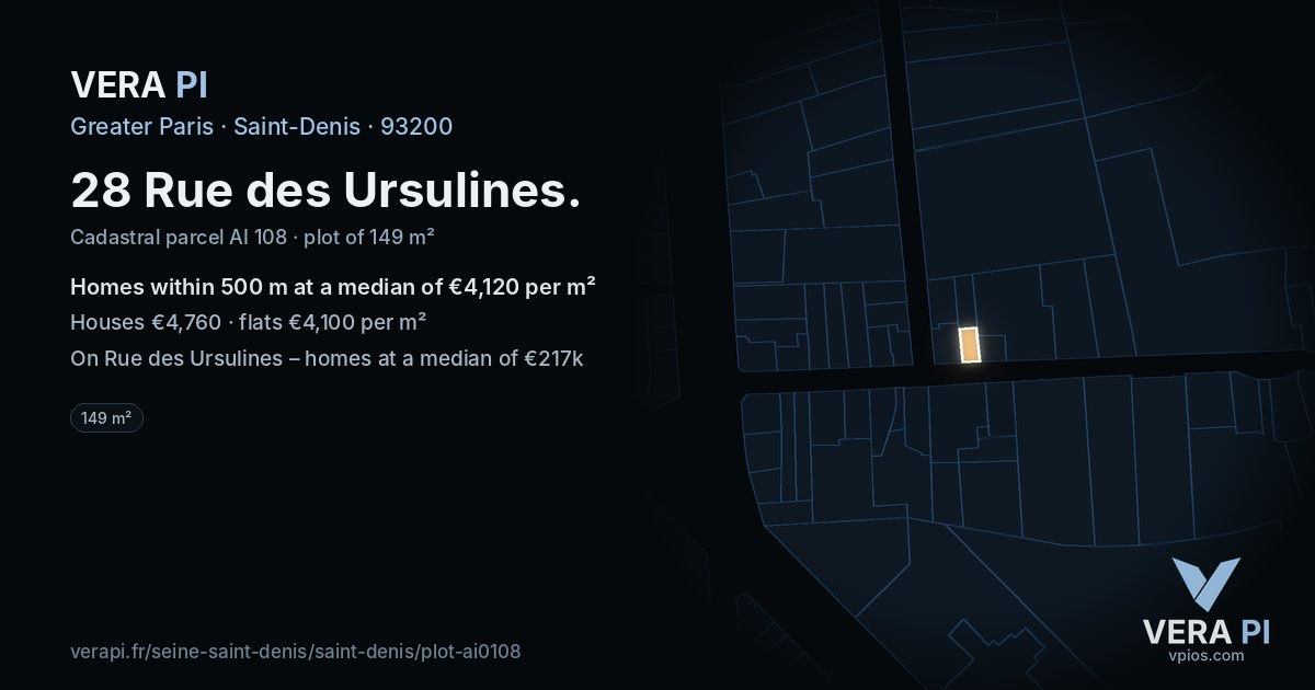 28 Rue des Ursulines, Saint-Denis at night – the plot lit, the parcels around coloured by the prices near them