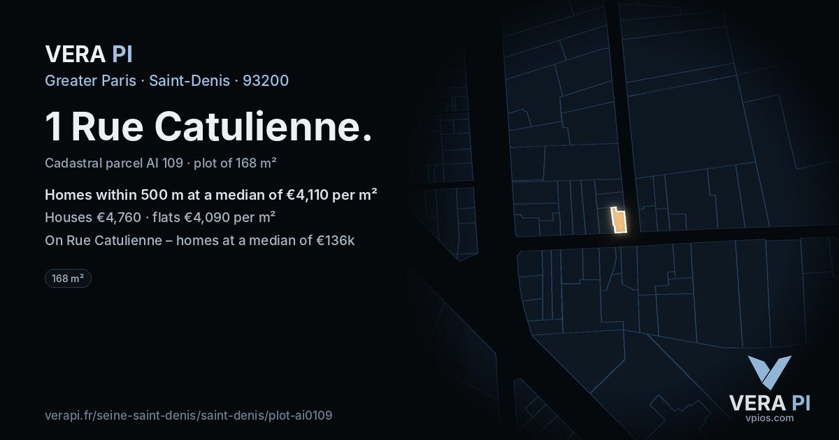 1 Rue Catulienne, Saint-Denis at night – the plot lit, the parcels around coloured by the prices near them