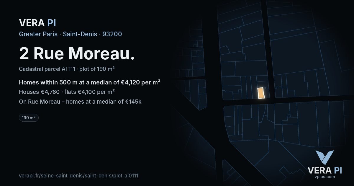 2 Rue Moreau, Saint-Denis at night – the plot lit, the parcels around coloured by the prices near them