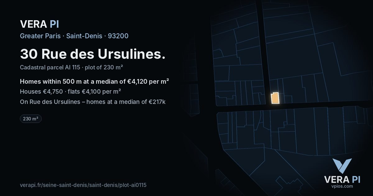 30 Rue des Ursulines, Saint-Denis at night – the plot lit, the parcels around coloured by the prices near them