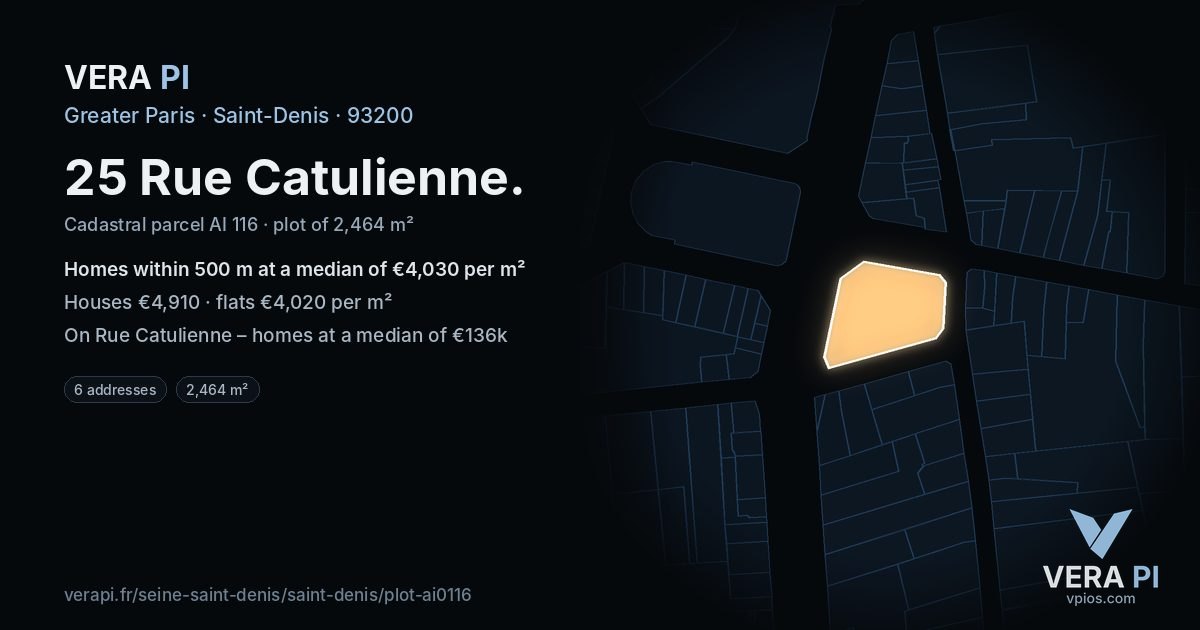 25 Rue Catulienne, Saint-Denis at night – the plot lit, the parcels around coloured by the prices near them