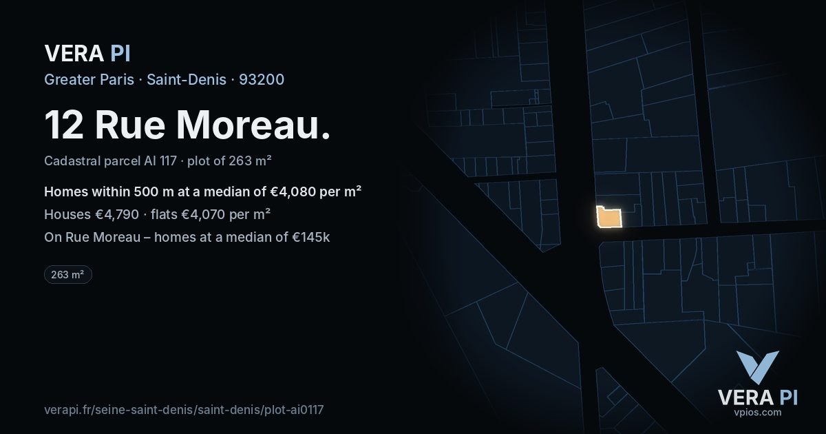 12 Rue Moreau, Saint-Denis at night – the plot lit, the parcels around coloured by the prices near them