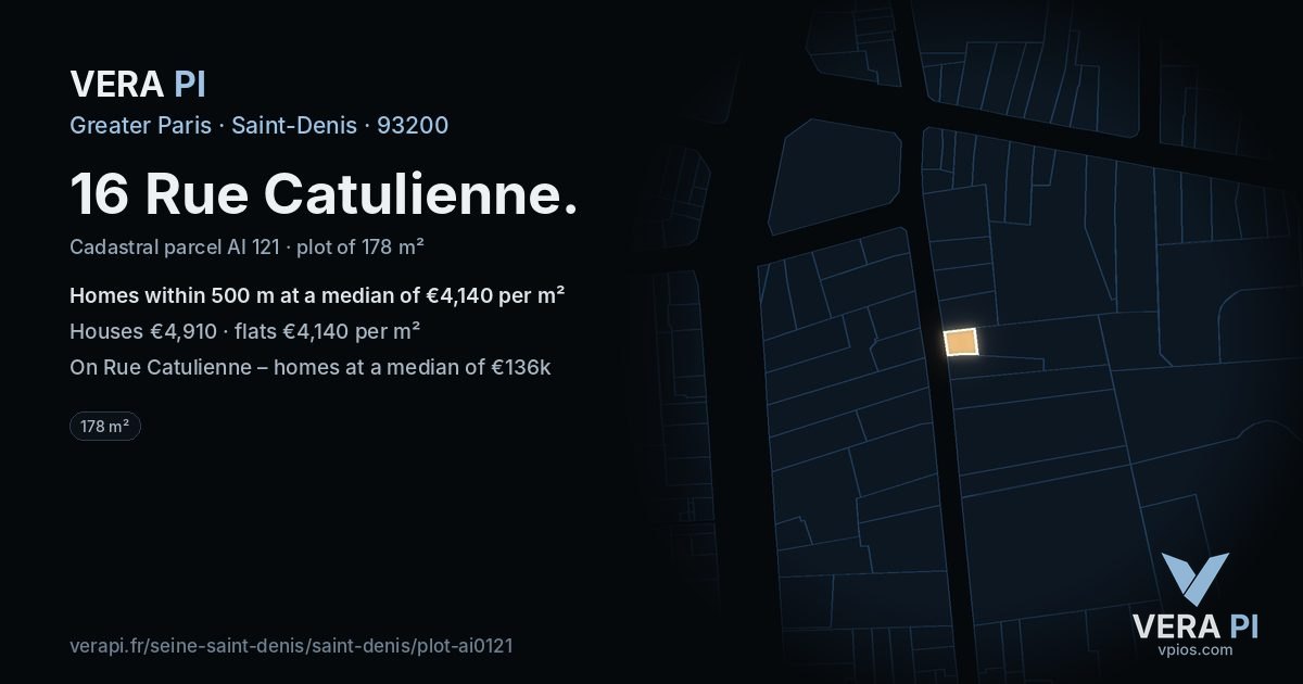 16 Rue Catulienne, Saint-Denis at night – the plot lit, the parcels around coloured by the prices near them