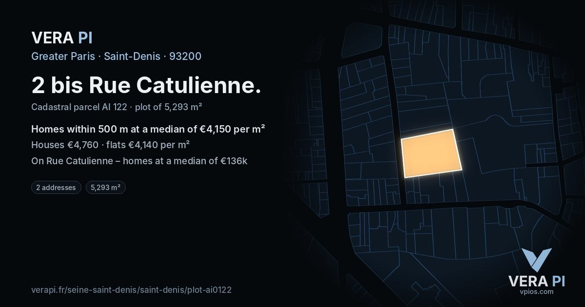 2 bis Rue Catulienne, Saint-Denis at night – the plot lit, the parcels around coloured by the prices near them